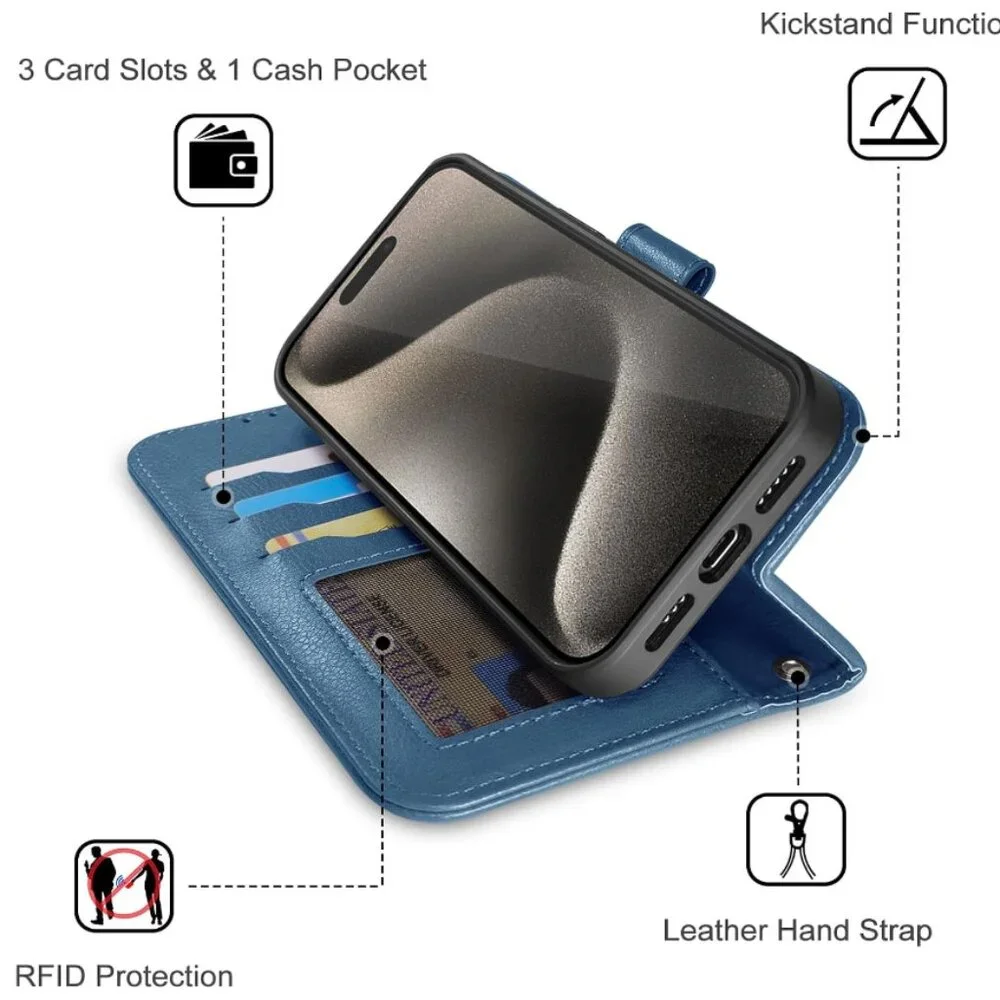 iPhone 15 Pro Wallet Case with Card Holder, Detachable Strong Magnetic Leather
